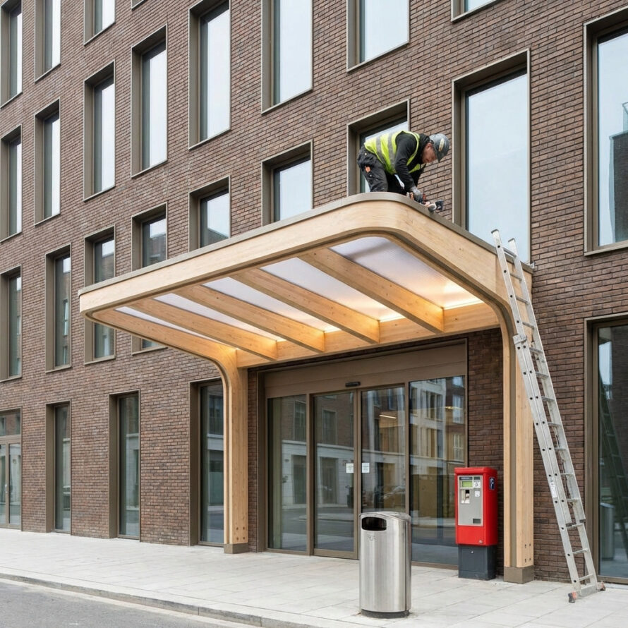 Stedelijke gebouwentree met een houten luifel voorzien van lichtdoorlatende polycarbonaat platen en glazen schuifdeuren.