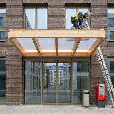 Architectonische overkapping van hout met polycarbonaat dakpanelen boven een entree met glazen deuren in een modern bakstenen gebouw.