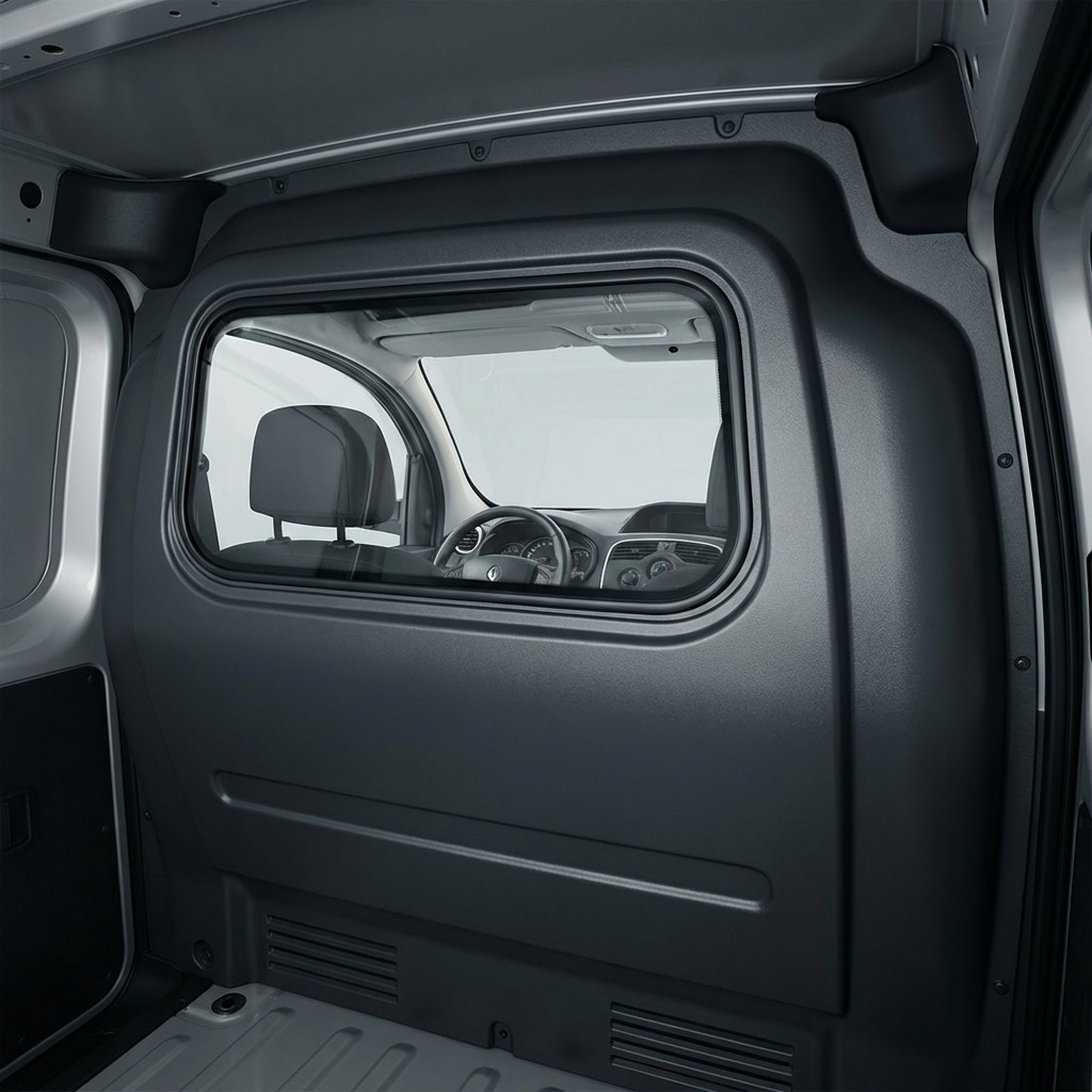 Zijaanzicht van tussenschot met raam in bestelbus laadruimte