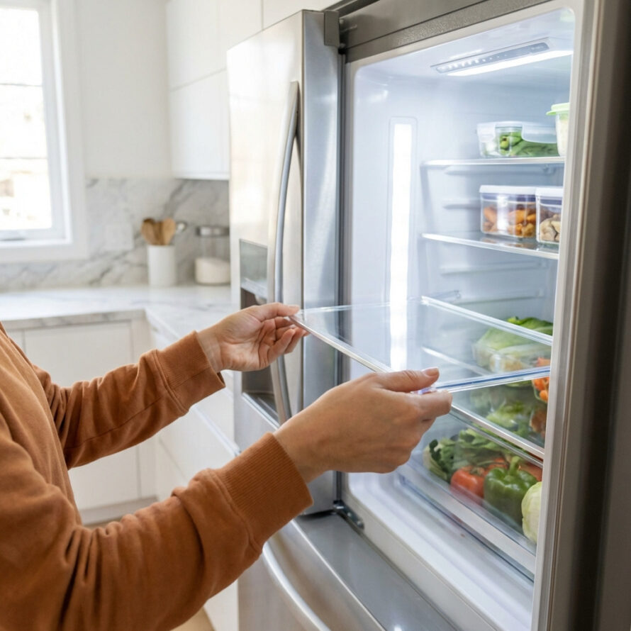 Persoon schuift een transparante koelkastplank in de geleiders van een open koelkast