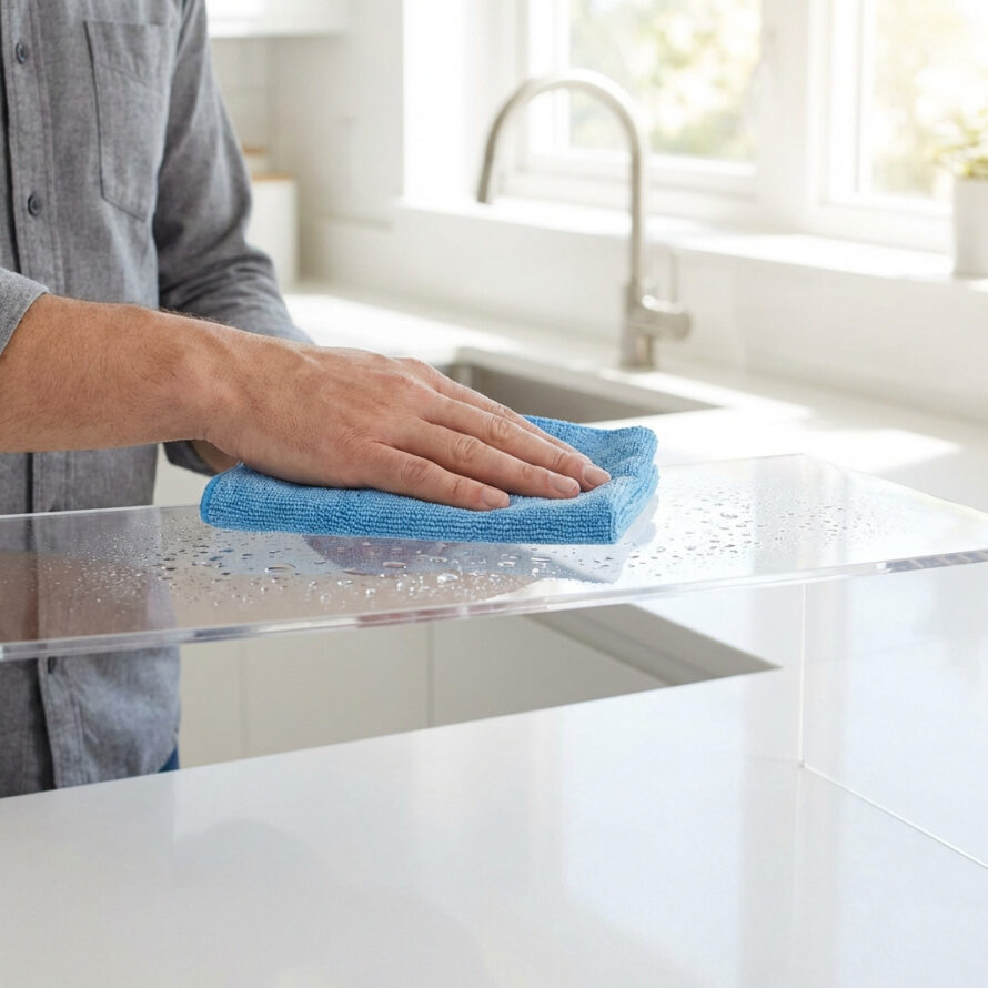 Persoon maakt een keukenblad schoon met een doekje